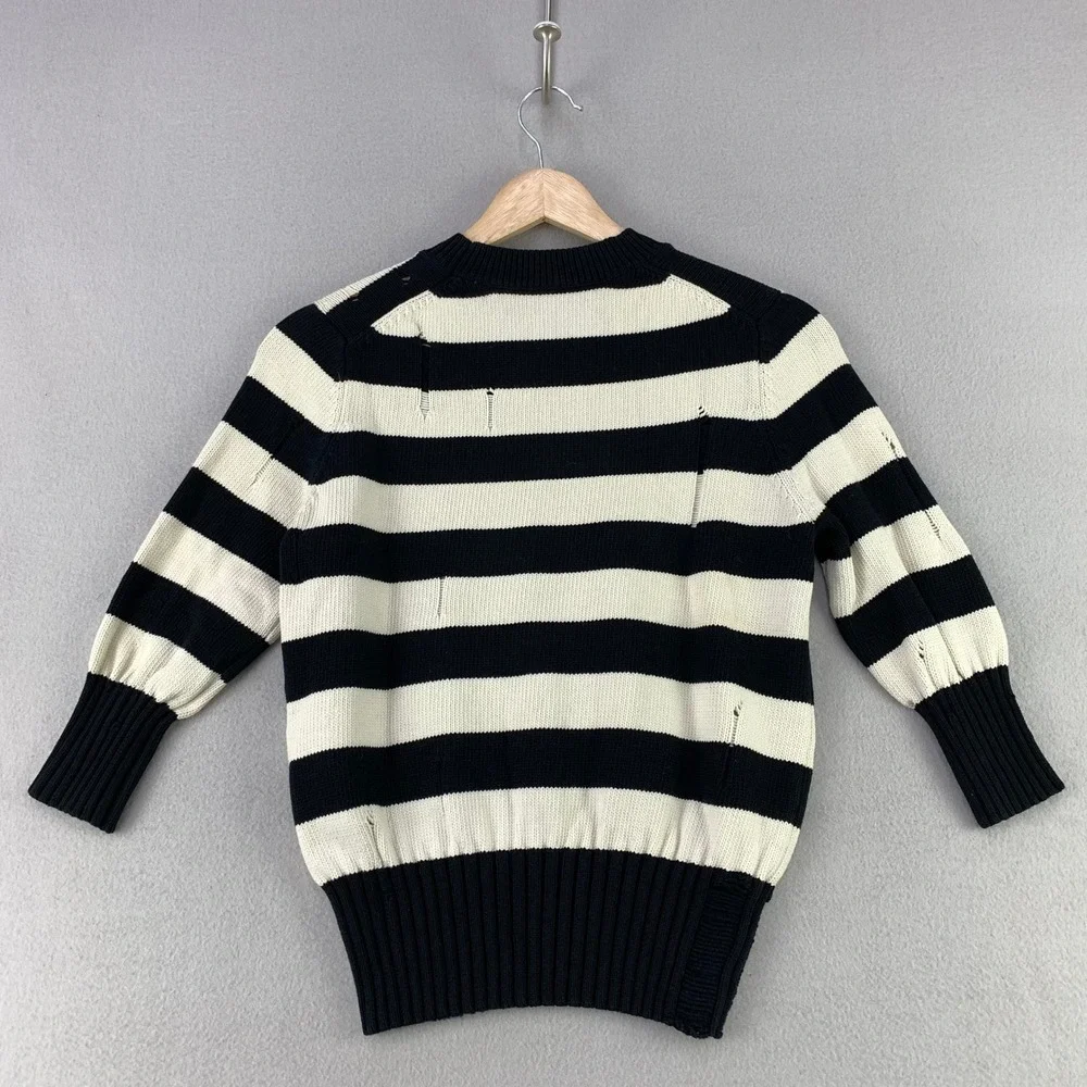 Veronica Beard Sweater Women S Black White Striped Distressed Cotton Knit